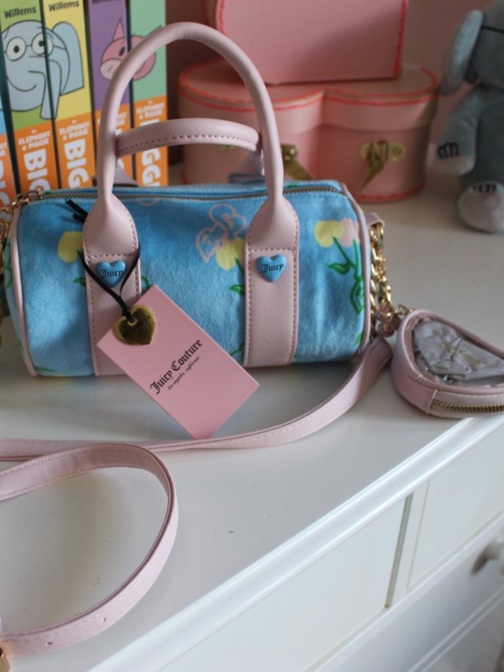 Juicy Couture Y2K Blue Pink Cherry Mini Barrel Crossbody Bag Heart Pouch NWT